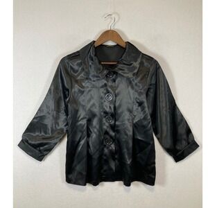 Goth Chic Catwalk Women M Black Satin Peter Pan Collar Button Front Jacket
